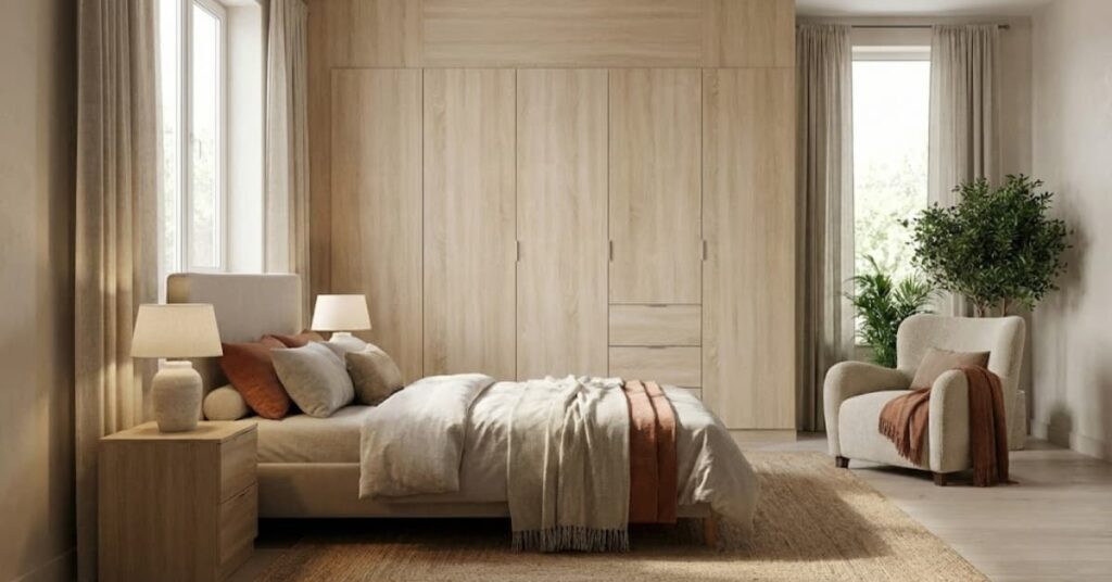 Armario de puertas lisas en dormitorio pequeño con diseño funcional y tonos claros